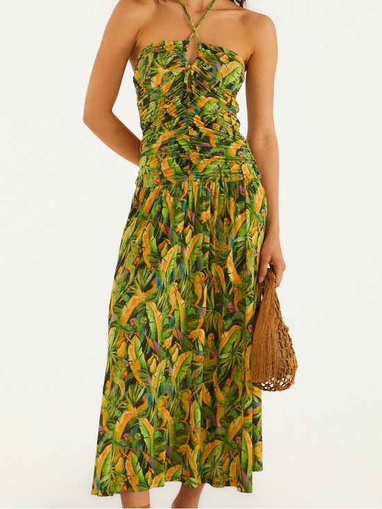 FARM Rio Dresses & Skirts - Farm Rio Green Forest Parrots Ruched Bodice Maxi Dress